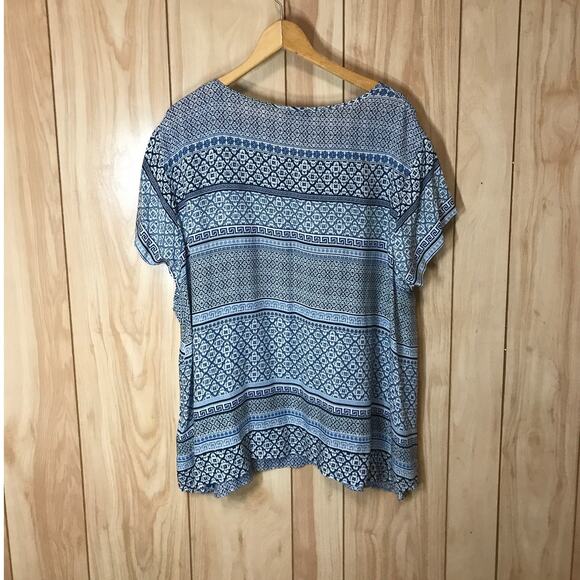 JNY Jones New York Blue Striped Comfortable V-Neck Short Sleeve Top - Picture 2 of 5